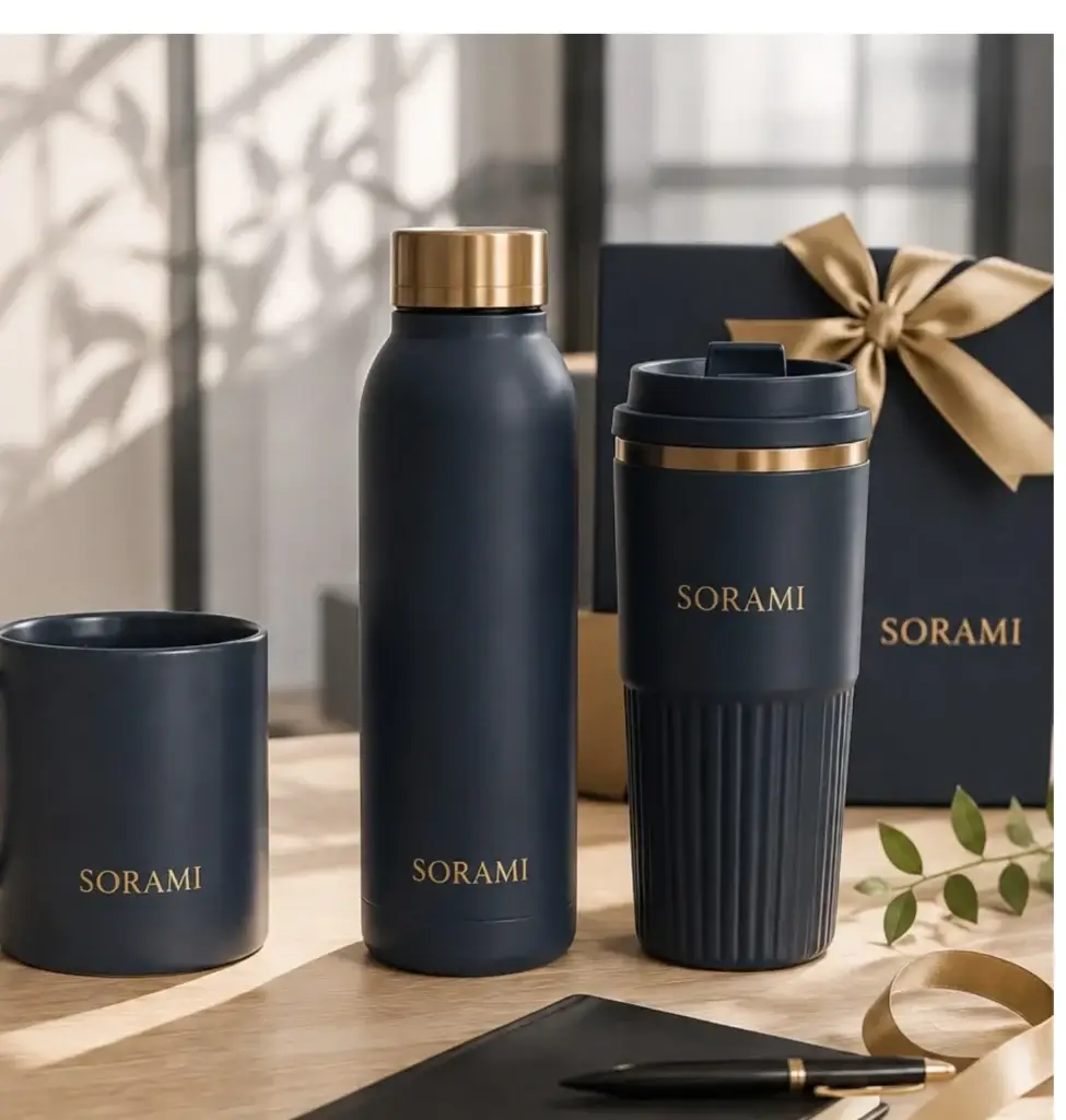 Sorami branded drinkware: bottle, travel mug and mug